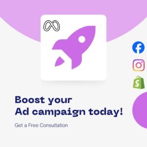 Purple rocket illustration promoting Meta Facebook and Instagram ad campaign growth with free consultation offer